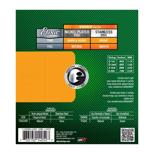 سیم گیتار بیس الکسیر Elixir Nanoweb Bass Light 45-100