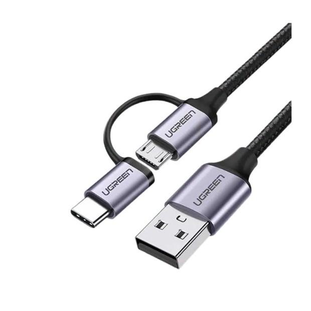 کابل رابط یوگرین UGREEN USB 2.0 A Male to Micro USB + USB-C Male 3A Data Cable Black 1m US177 30875